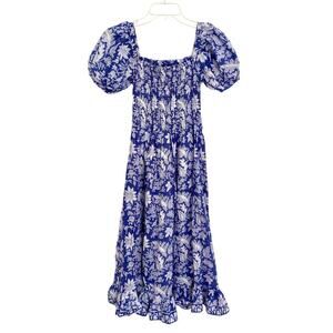 Mary Marshmallow Poppy Long Blue Block Print Smocked Puff Sleeve Midi Dress